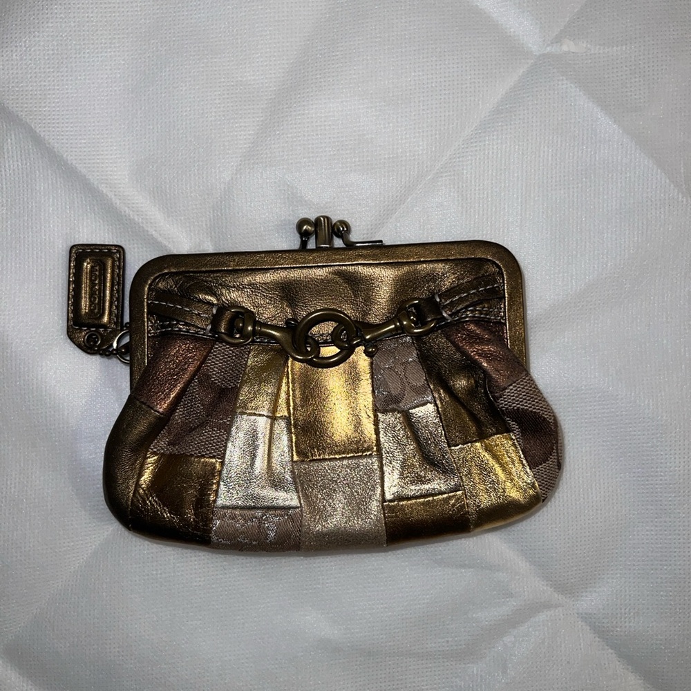 Coach Metallic Patchwork Large Coin Purse Card Case  in Gold and Brown